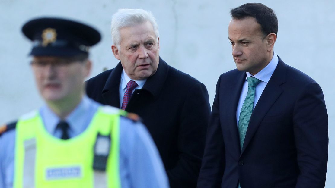Irish Prime Minister Leo Varadkar, right, with MP Fergus O'Dowd leaving the Drogheda police station on January 17.
