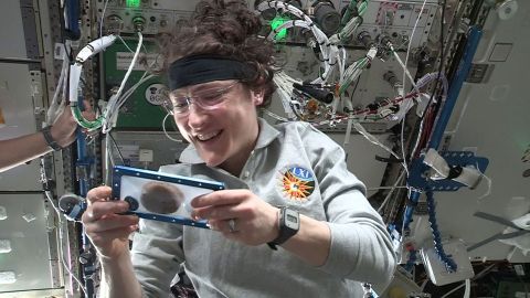 Astronaut Christina Koch looks at one of the cookies during the experiment.