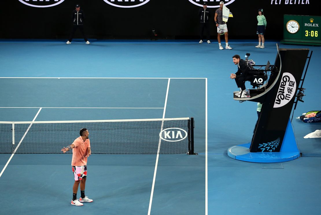 Kyrgios argues with the chair umpire during his match against  Khachanov.