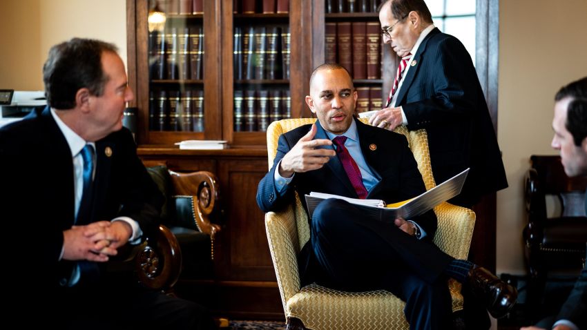 Rep. Adam Schiff, Rep. Hakeem Jeffries, Rep. Jerry Nadler and other House Managers meet in their ante room off the floor of the Senate before walking to the Sente floor for the start of the day's session of the Senate impeachment trial on January 23.