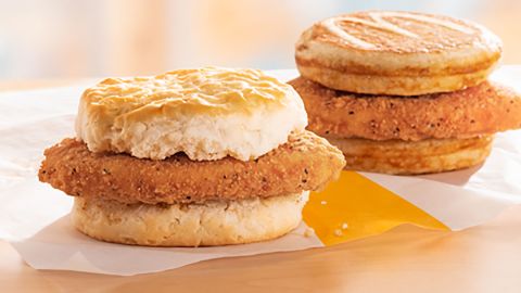 McDonald's Chicken McGriddles and McChicken Biscuit breakfast sandwiches. 