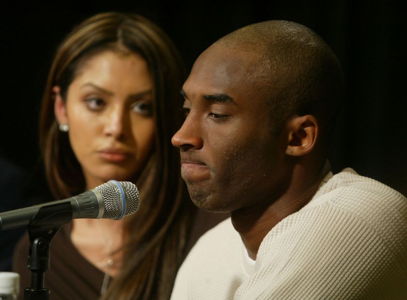 Bryant and his wife, Vanessa, attend a news conference at the Staples Center in 2003. The NBA star proclaimed his innocence after facing sexual assault charges for the alleged rape of a 19-year-old Colorado woman. The charges were later dropped. "Although I truly believe this encounter between us was consensual, I recognize now that she did not and does not view this incident the same way I did," <a href="https://www.cnn.com/2004/LAW/09/01/bryant.trial/" target="_blank">Bryant later said in a statement.</a>