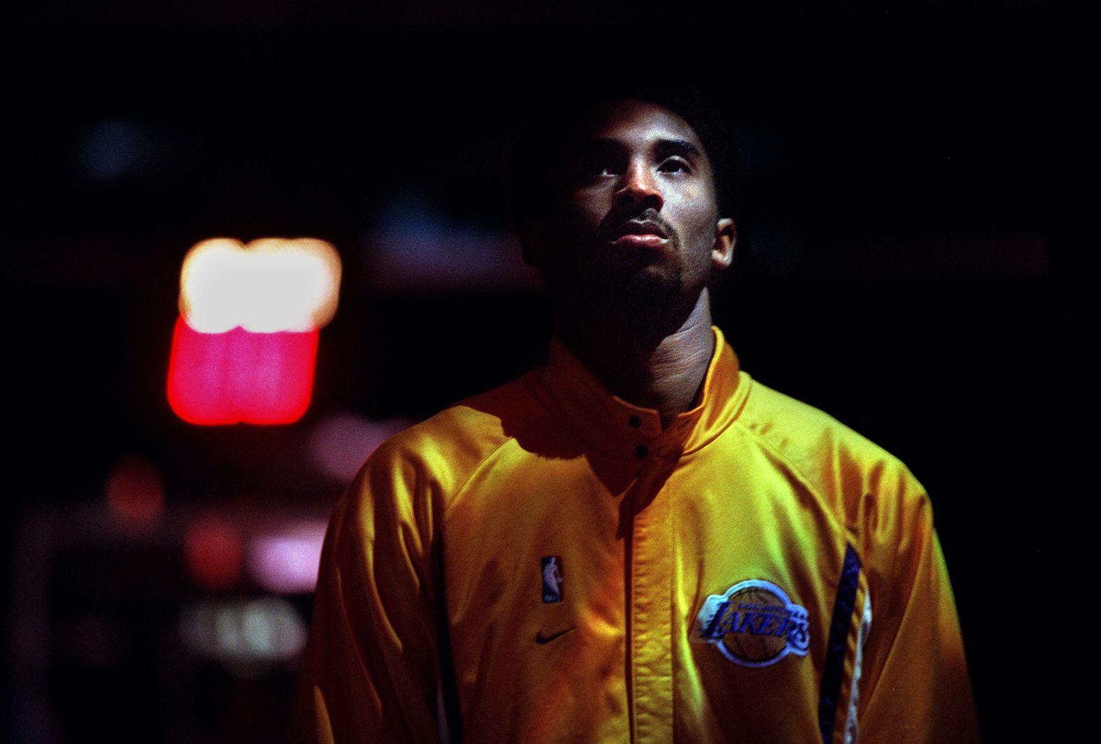 Bryant stands for the National Anthem at the Staples Center in Los Angeles.