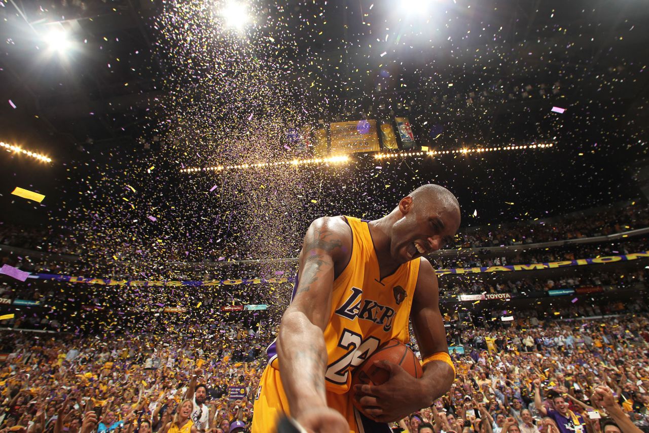 Bryant celebrates after defeating the Boston Celtics in the 2010 NBA Finals in Los Angeles.