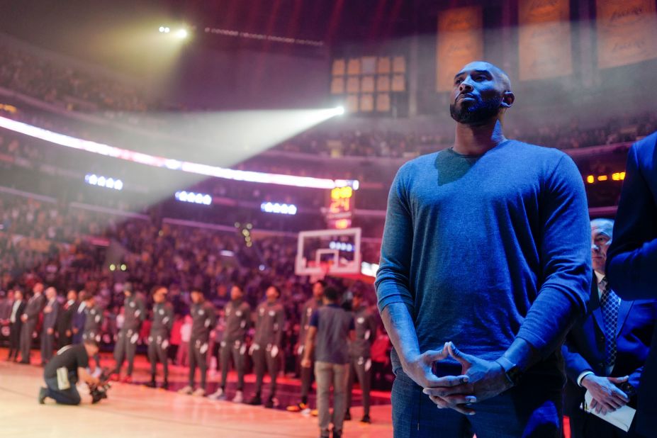Bryant listens to the National Anthem prior to a 2019 Lakers game against the Atlanta Hawks in Los Angeles.