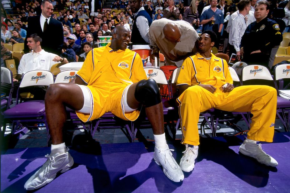 Shaquille O'Neal and Byrant sit on the bench before a game in 1999 at the Staples Center in Los Angeles.