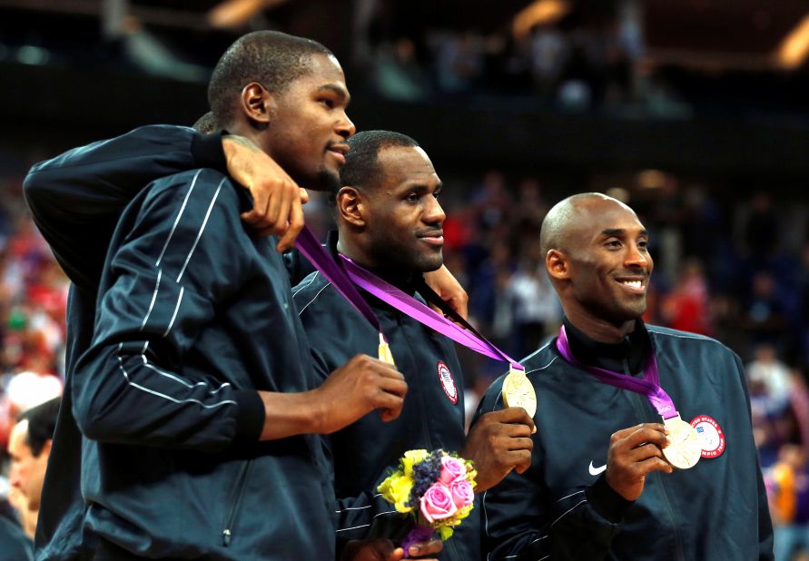 From left, Kevin Durant, Lebron James and Bryant pose with their gold medals at the 2012 Olympic Games in London.