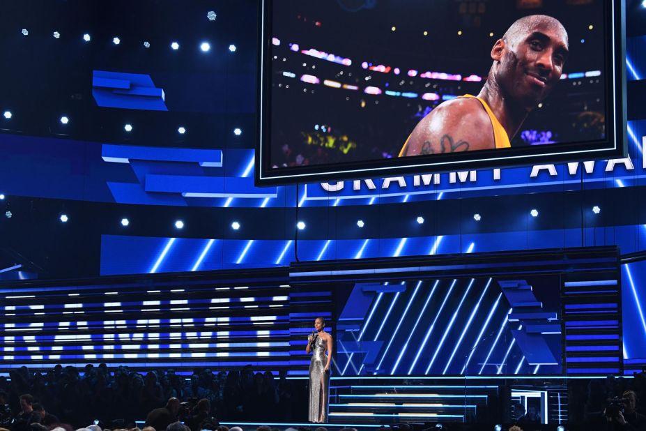 Host Alicia Keys speaks about Bryant during the <a href="https://www.cnn.com/2020/01/26/entertainment/gallery/grammys-show-2020/index.html" target="_blank">2020 Grammy Awards</a> on Sunday at the Staples Center in Los Angeles. Bryant spent his 20-year NBA career with the Lakers, who play in the Staples Center.