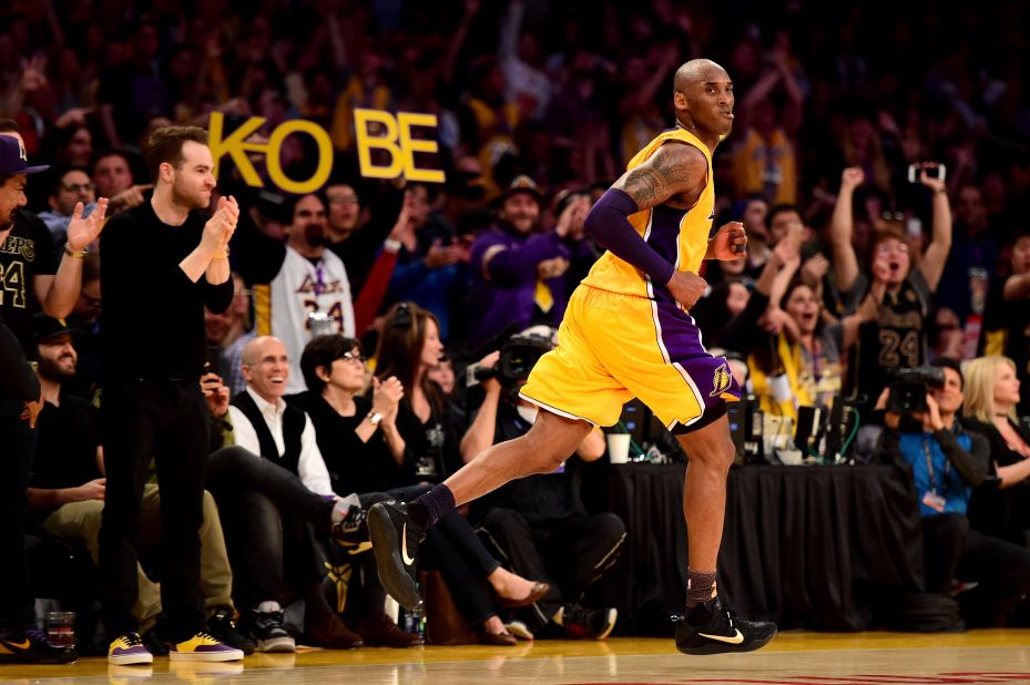 Bryant runs up the court during his final game in 2016. The Lakers defeated the Utah Jazz 101-96. Bryant scored 60 points in the game.