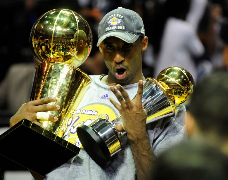 Bryant celebrates after Game 5 of the 2009 NBA Finals against the Orlando Magic. The Lakers won 99-86 for their 15th title and first since 2002. Bryant had 30 points, 8 rebounds and 6 assists as the Lakers completed a four-games-to-one victory in the best-of-seven NBA Finals.