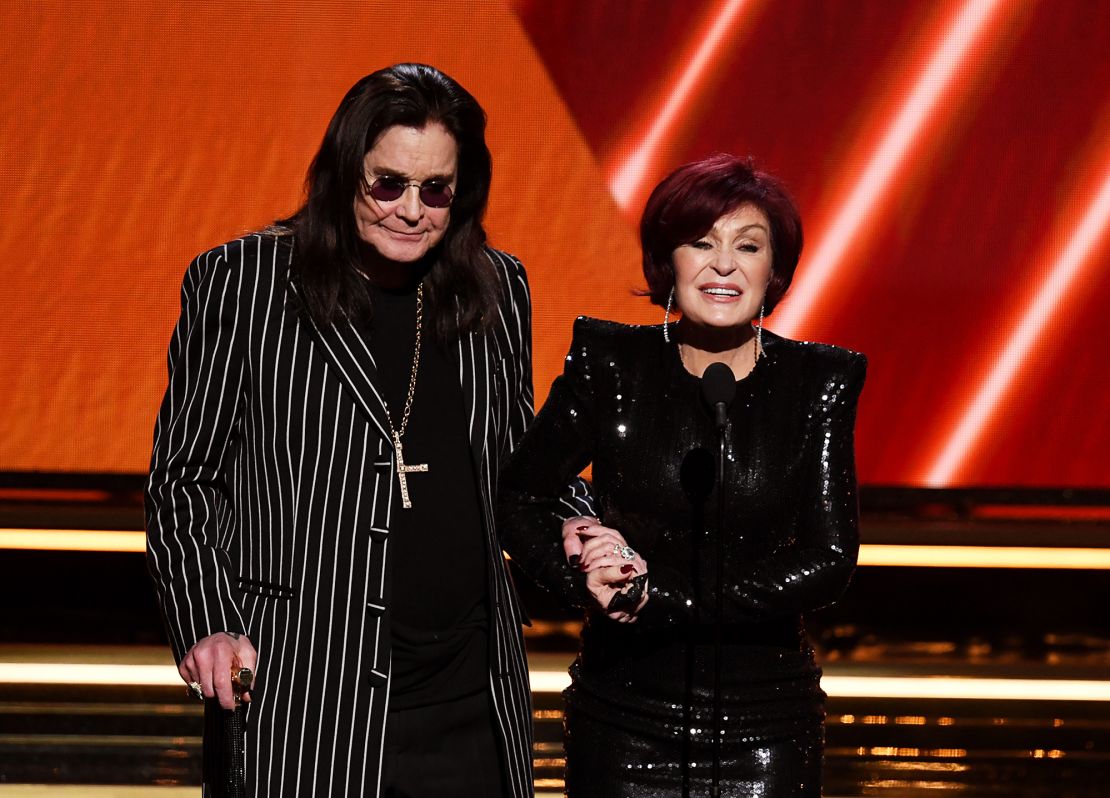 (From left) Ozzy Osbourne and Sharon Osbourne speak onstage during the 62nd Annual Grammy Awards at Staples Center on January 26, 2020, in Los Angeles. 