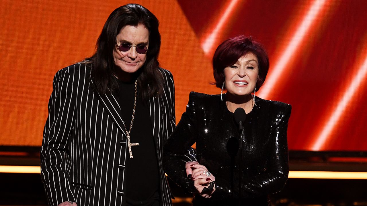 Ozzy Osbourne and Sharon Osbourne speak at the Grammy Awards in Los Angeles, California, on January 26, 2020.