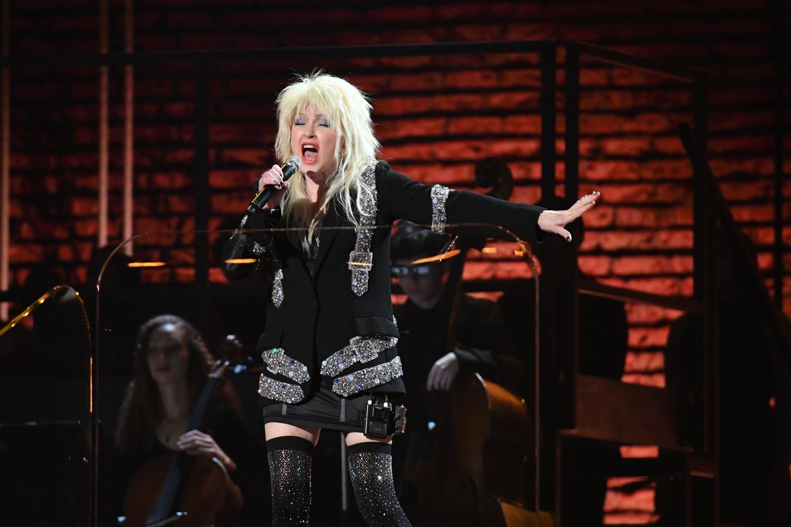 Cyndi Lauper sings "I Sing The Body Electric" from the 1980 film "Fame." The performance was part of a tribute to Ken Ehrlich as he ended his 40 years producing the awards show. 