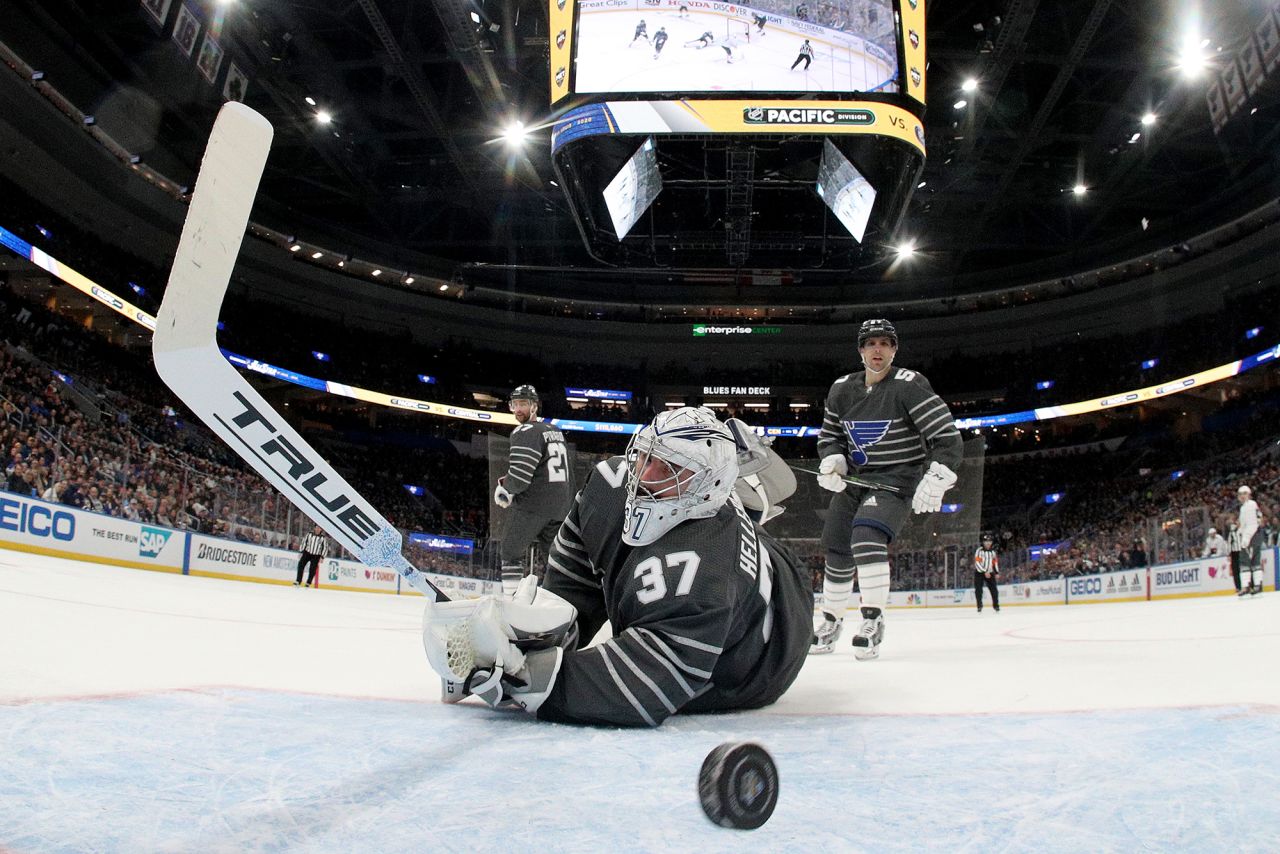 Winnipeg Jets goalie Connor Hellebuyck gives up a goal during a game between the Pacific Division and Central Division during the 2020 Honda NHL All-Star game on Saturday, January 25, in St. Louis, Missouri.