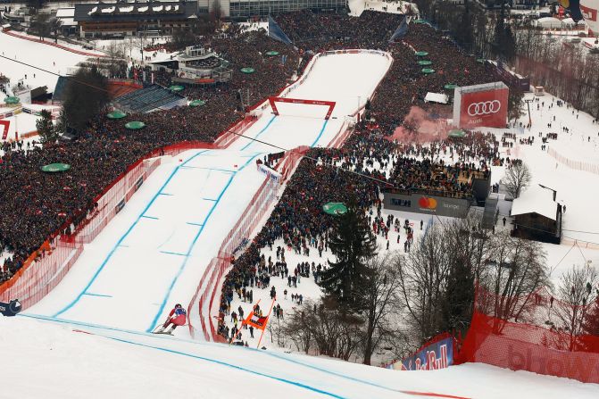 Austria's Matthias Mayer races down the Streif course to win the classic downhill in Kitzbuehel, Austria, on Saturday, January 25. 