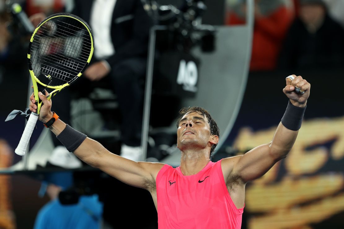 Rafael Nadal celebrates his victory over Nick Kyrgios in the Australian Open fourth round.