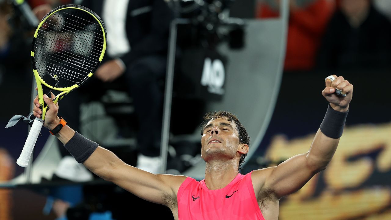 Rafael Nadal celebrates his victory over Nick Kyrgios in the Australian Open fourth round.
