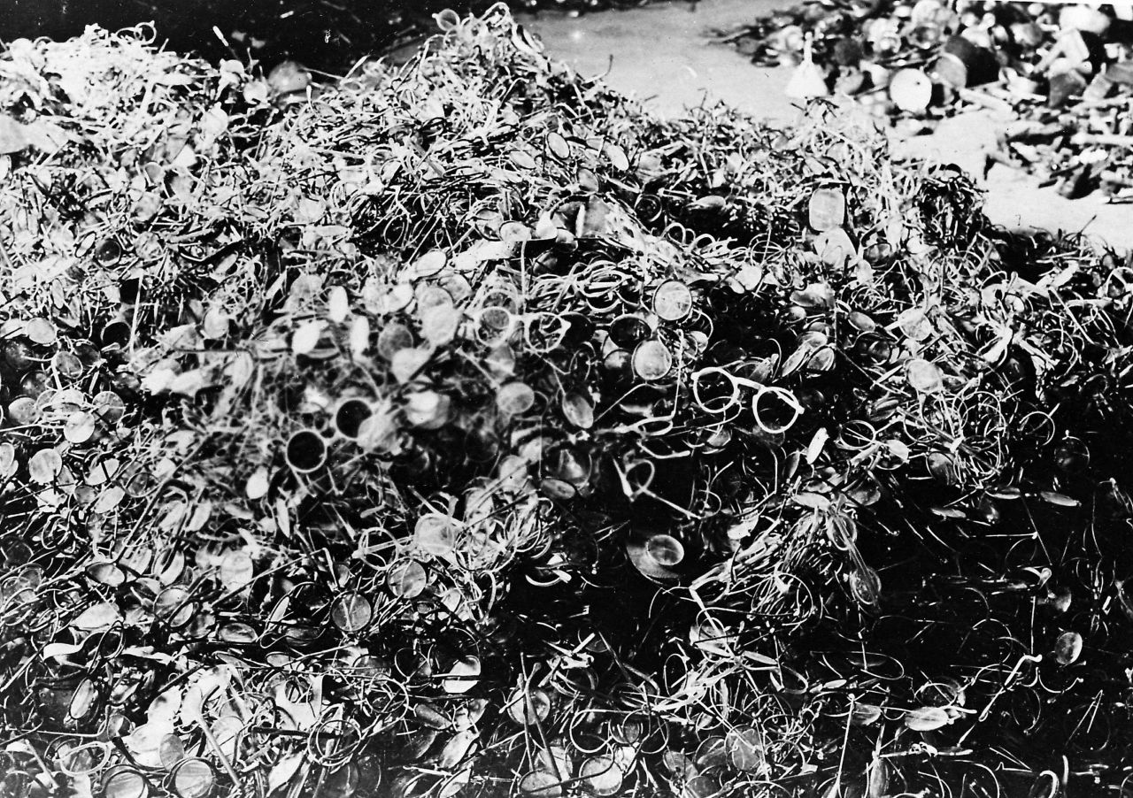 A pile of glasses are found in the Auschwitz concentration camp.