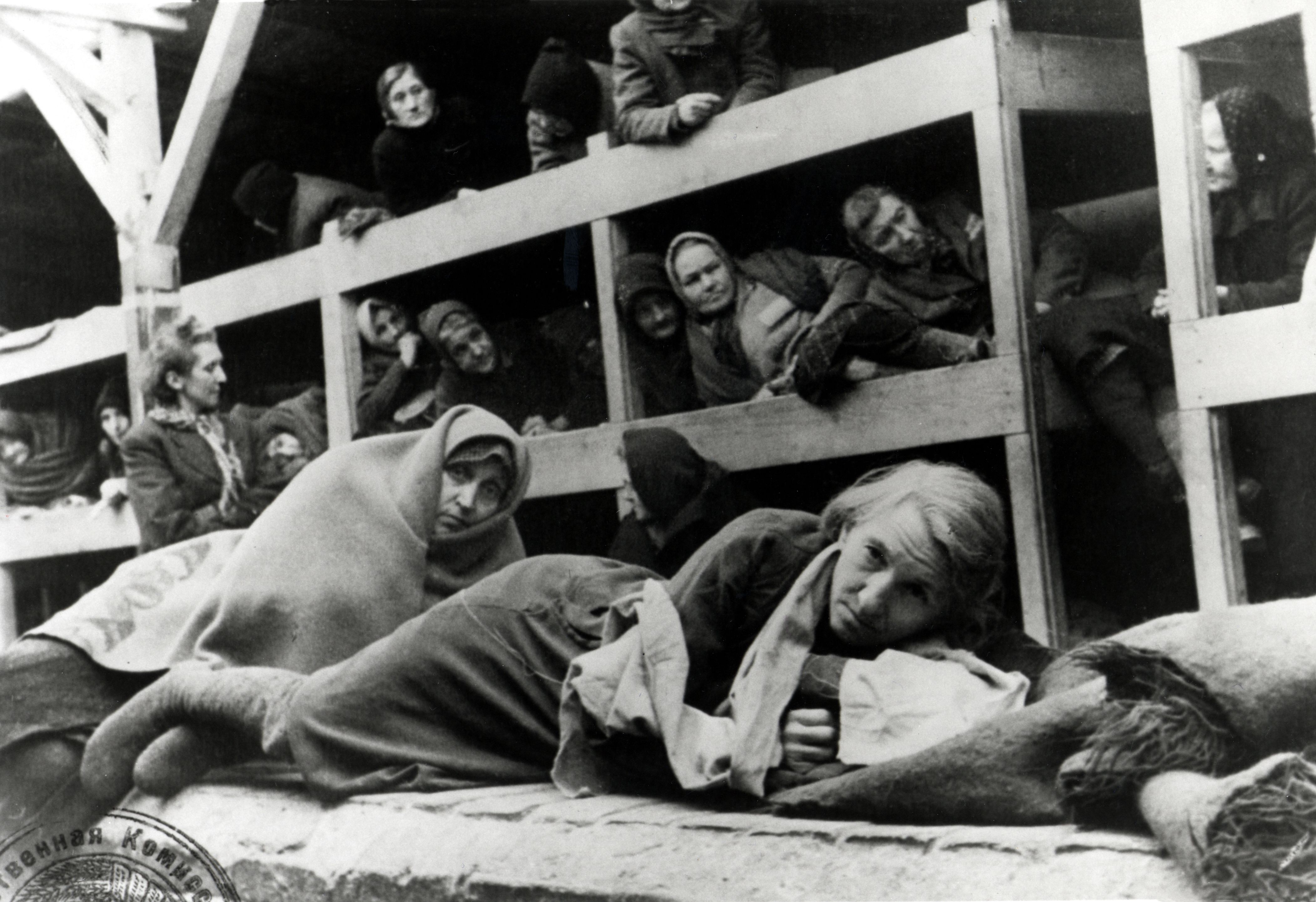 Female survivors in the barracks at the camp. Hundreds of prisoners were housed in the crowded quarters. 