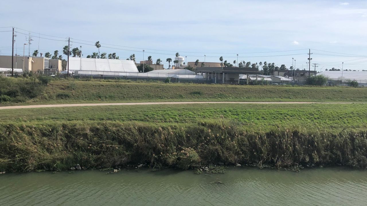 The so-called tent courts where some migrants will attend their court proceedings can be seen as they cross over from Matamoros, Mexico to the US.