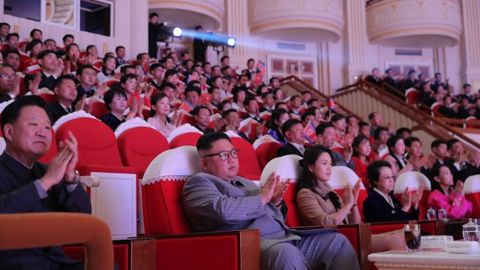 North Korean leader Kim Jong Un is seen with his aunt Kim Kyong Hui, who is seated in the front row, at the Lunar New Year concert.