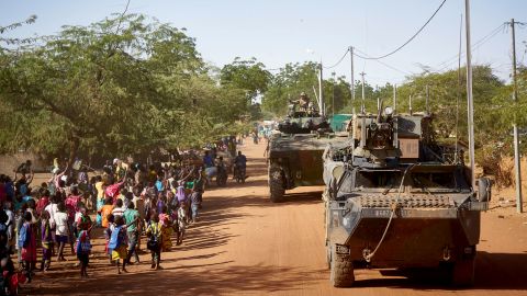 French soldiers patrol the village of Gorom Gorom in armored personnel carriers during the Barkhane operation in northern Burkina Faso on November 2019.