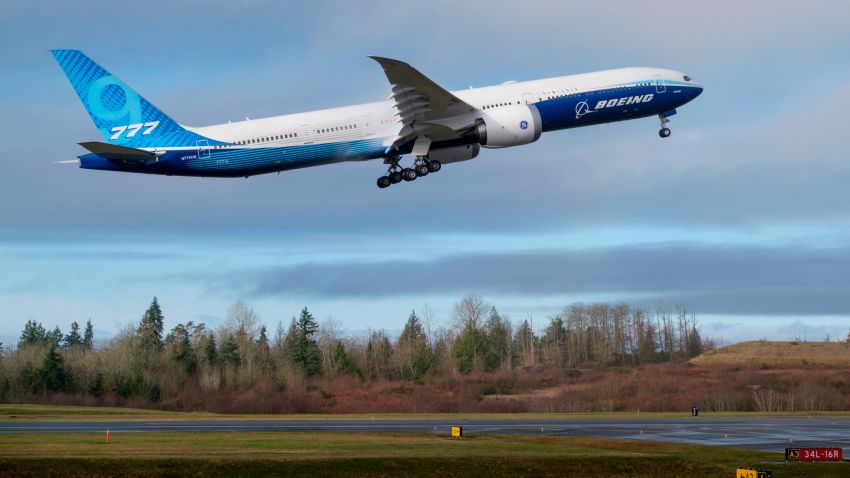 EVERETT, WA - JANUARY 25: A Boeing 777X airliner lifts off for its first flight at Paine Field on January 25, 2020 in Everett, Washington. The plane is the latest iteration of its popular wide body model, which feature more fuel efficient engines than its predecessor and composite wings. (Photo by Stephen Brashear/Getty Images)