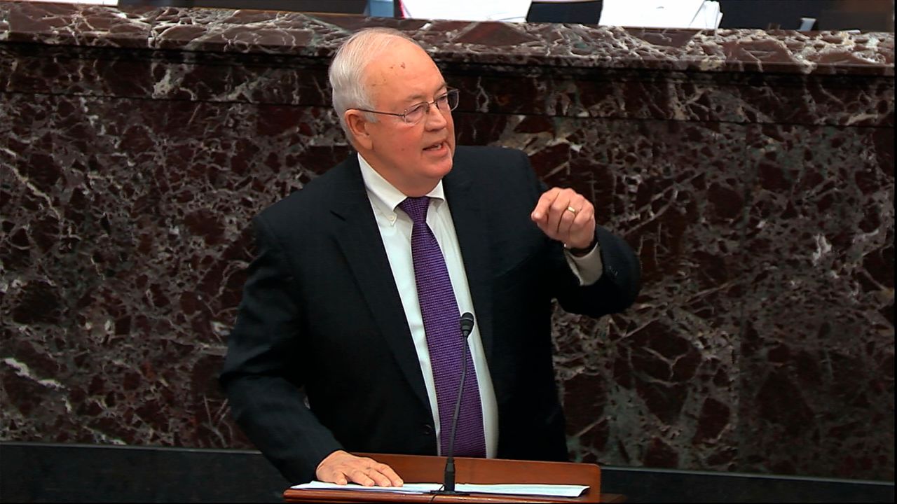 Trump attorney Ken Starr speaks at the trial on January 27, the second day of the defense's opening arguments. Starr became a household name in the late 1990s as the then-independent counsel overseeing the investigation that led to Bill Clinton's impeachment.