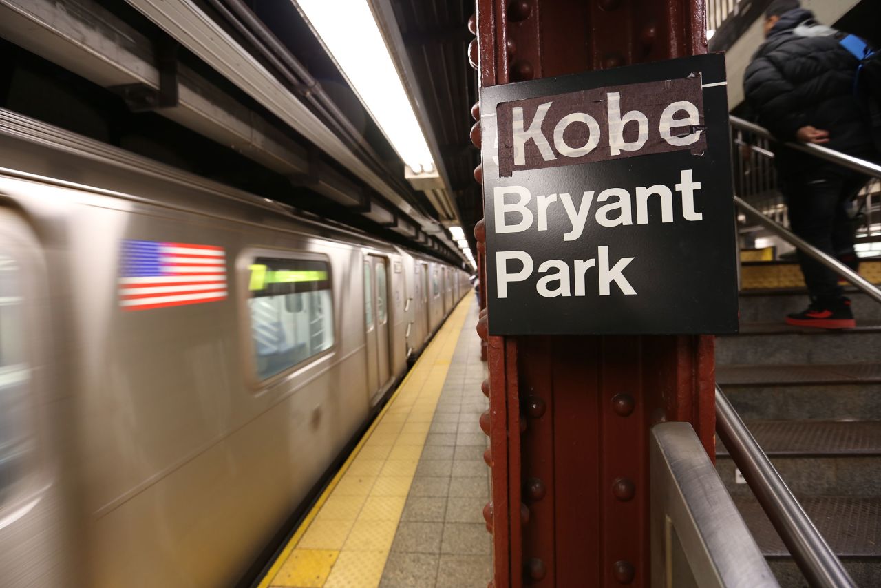 A sign at the 42nd St-Bryant Park subway station in New York City is covered with tape to read "Kobe Byrant Park" on January 27.