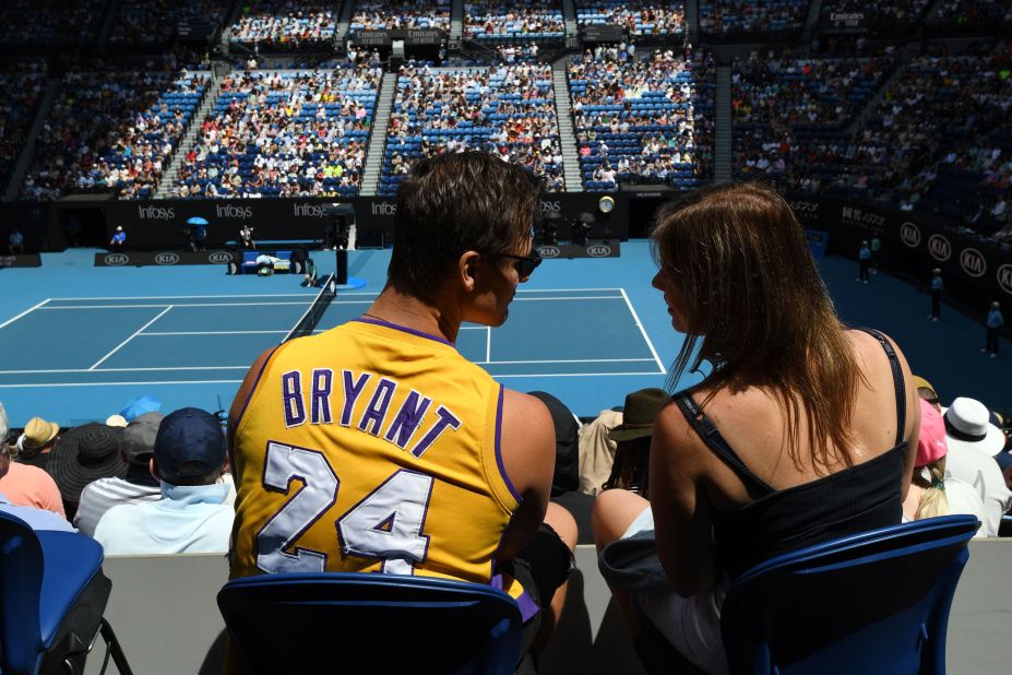 A spectator at the Australian open wears a Kobe Bryant jersey on January 27.