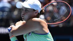 Australia's Ashleigh Barty hits a return against Czech Republic's Petra Kvitova during their women's singles quarter-final match on day nine of the Australian Open tennis tournament in Melbourne on January 28, 2020. (Photo by Manan VATSYAYANA / AFP) / IMAGE RESTRICTED TO EDITORIAL USE - STRICTLY NO COMMERCIAL USE (Photo by MANAN VATSYAYANA/AFP via Getty Images)