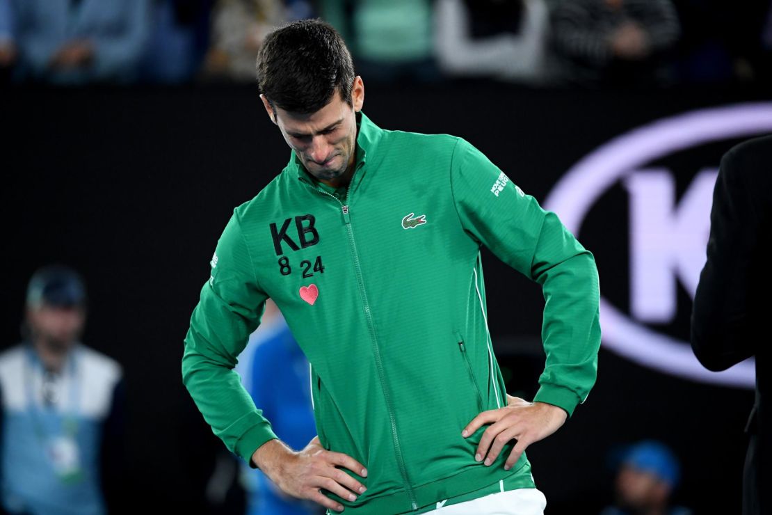Novak Djokovic cries as he pays tribute to Kobe Bryant at the Australian Open.