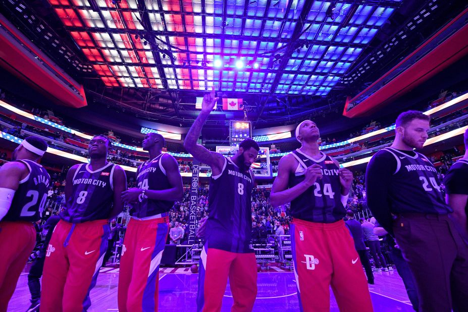 The Detroit Pistons honor Kobe Bryant by wearing numbers 8 and 24 on their jerseys prior to a game against the Cleveland Cavaliers on January 27 at Little Caesars Arena in Detroit, Michigan. 