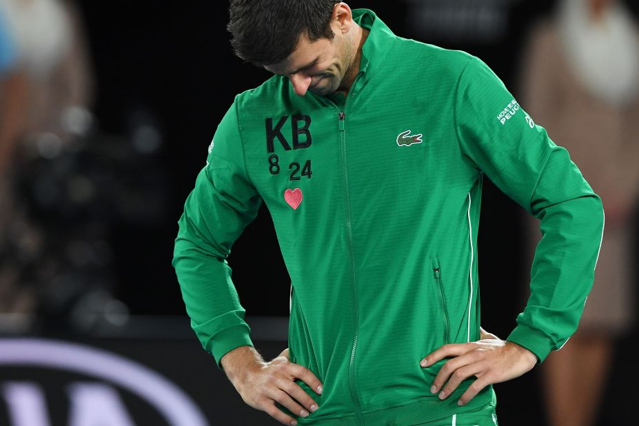 Serbia's Novak Djokovic gets emotional as he talks about Kobe Bryant after winning a men's singles quarter-final match against Canada's Milos Raonic on day nine of the Australian Open tennis tournament in Melbourne on January 28.