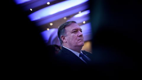 In this February 7, 2019, file photo, US Secretary of State Mike Pompeo listens during the National Prayer Breakfast at the Washington Hilton in Washington, DC.