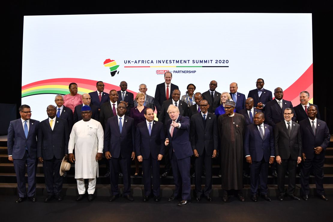 UK Prime Minister Boris Johnson posing at the UK-Africa Investment Summit. 