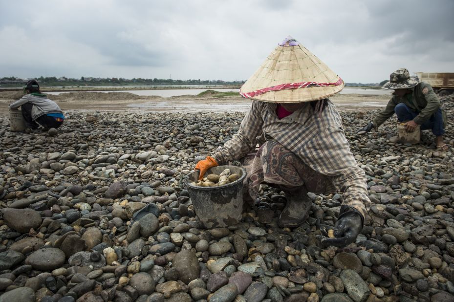 But wetlands the world over are under threat. Pictured, workers gathering pebbles at a sand excavation site along the Mekong River in Vientiane, Laos. Darwall says that sand mining in places like the Mekong for concrete production is a major threat to the ecosystem.