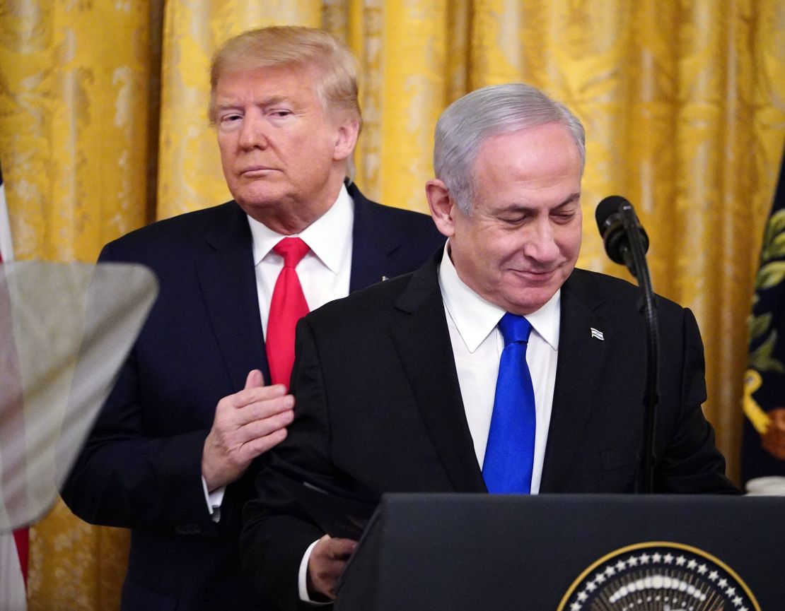 Trump and Netanyahu take part in an announcement of Trump's Middle East peace plan in the White House on January 28, 2020.