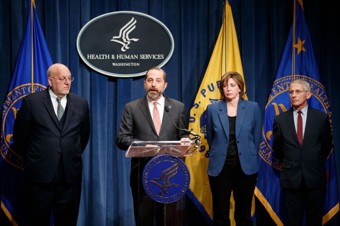 US Health and Human Services Secretary Alex Azar speaks during a news conference about the American public-health response.