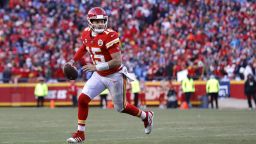 KANSAS CITY, MISSOURI - JANUARY 19: Patrick Mahomes #15 of the Kansas City Chiefs looks to pass in the second half against the Tennessee Titans in the AFC Championship Game at Arrowhead Stadium on January 19, 2020 in Kansas City, Missouri. (Photo by David Eulitt/Getty Images)