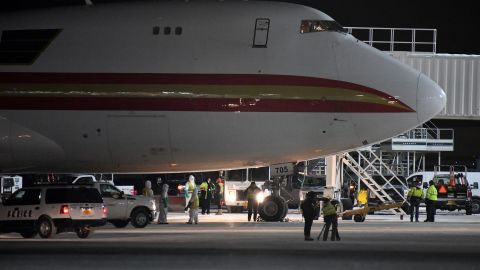 A charter flight from Wuhan arrives at an airport in Anchorage, Alaska, on January 28. The US government chartered the plane to bring home US citizens and diplomats from the American consulate in Wuhan.