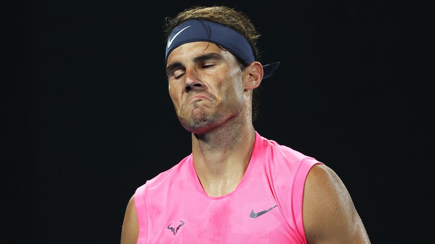MELBOURNE, AUSTRALIA - JANUARY 29: Rafael Nadal of Spain reacts during his Men's Singles Quarterfinal match against Dominic Thiem of Austria on day ten of the 2020 Australian Open at Melbourne Park on January 29, 2020 in Melbourne, Australia. (Photo by Cameron Spencer/Getty Images)