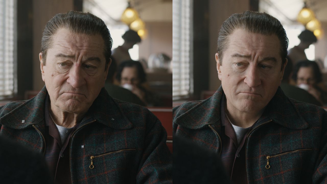On the left, Robert De Niro in a scene for "The Irishman." On the right, that same scene, as seen after visual effects and de-aging technology were applied to the original frame. 