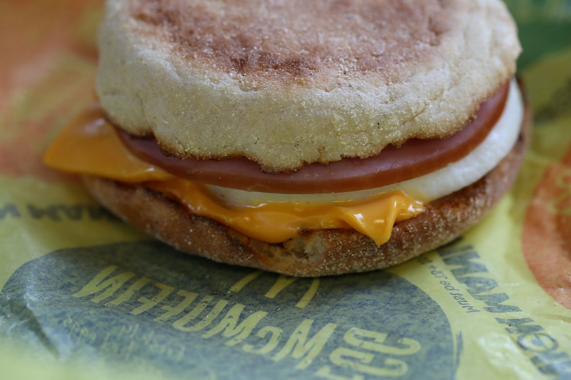 McDonald's Egg McMuffin is an egg on a toasted muffin topped with Canadian bacon and American cheese.