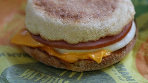 McDonald's Egg McMuffin is an egg on a toasted muffin topped with Canadian bacon and American cheese.