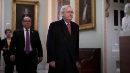 Senate Majority Leader Mitch McConnell, R-Ky., arrives for the impeachment trial of President Donald Trump on charges of abuse of power and obstruction of Congress, at the Capitol in Washington, Tuesday, Jan. 28, 2020. 