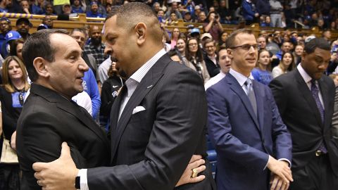 Krzyzewski embraces Pitt coach Jeff Capel III before Tuesday's game in Durham.