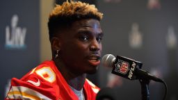 AVENTURA, FLORIDA - JANUARY 28: Tyreek Hill #10 of the Kansas City Chiefs speaks to the media during the Kansas City Chiefs media availability prior to Super Bowl LIV at the JW Marriott Turnberry on January 28, 2020 in Aventura, Florida. (Photo by Mark Brown/Getty Images)