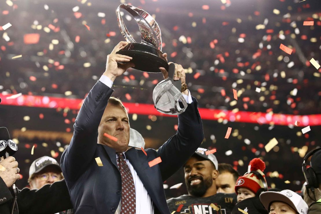 Lynch celebrates with the George Halas Trophy after winning the NFC Championship game against the Green Bay Packers at Levi's Stadium on January 19 in Santa Clara, California. The 49ers beat the Packers 37-20.