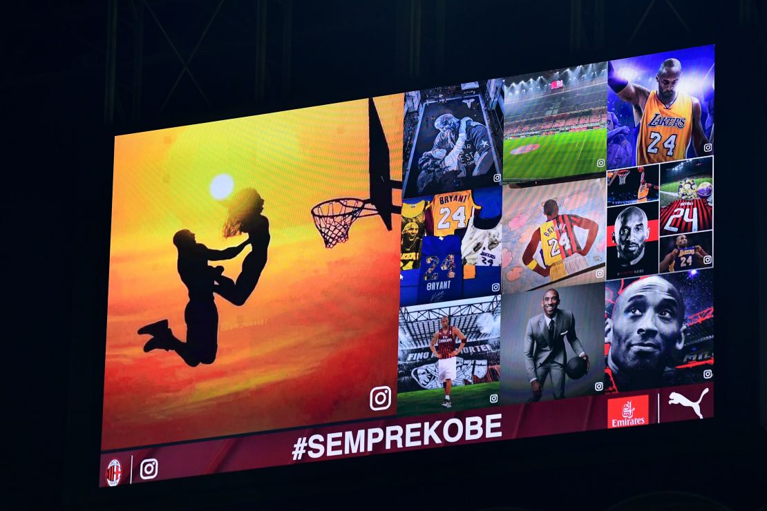 A tribute to Kobe Bryant is shown before the match between AC Milan and Torino.